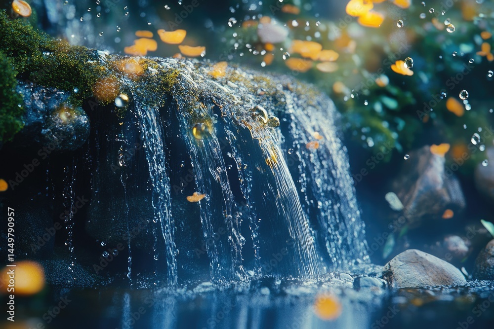 Poster serene waterfall cascading over mossy rocks, illuminated by golden bokeh lights, creating a magical 