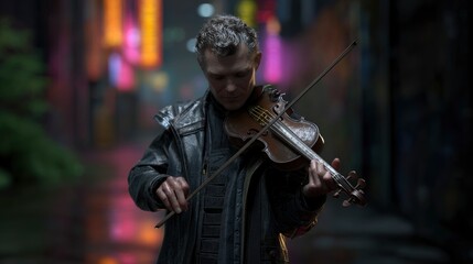 Fototapeta premium Man Plays Violin on City Street at Night