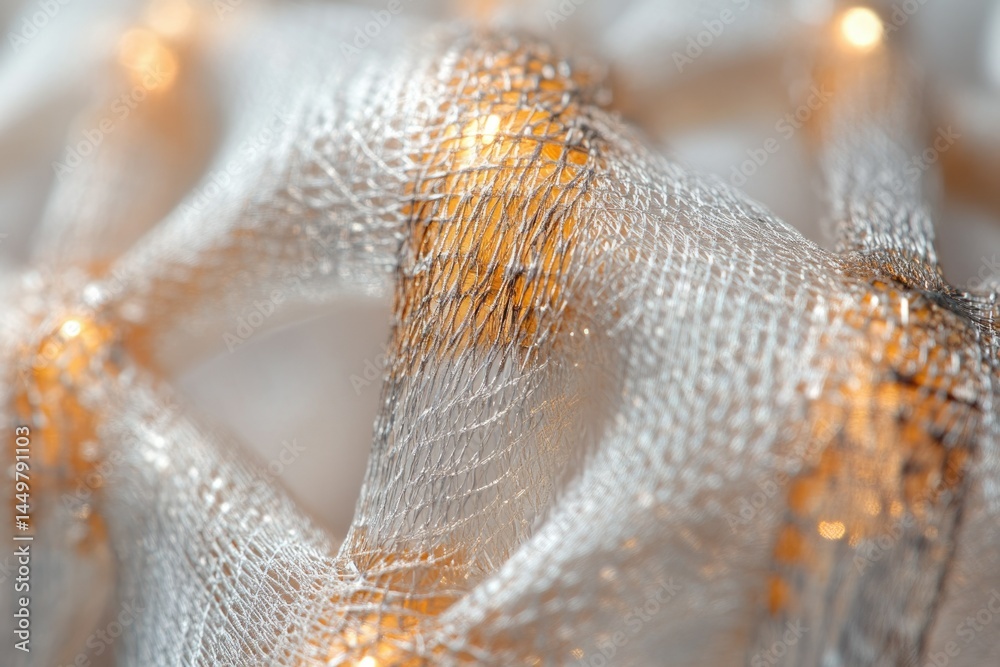 Leinwandbilder close-up of intricate woven mesh with warm light bulbs creating a textured, luminous pattern.