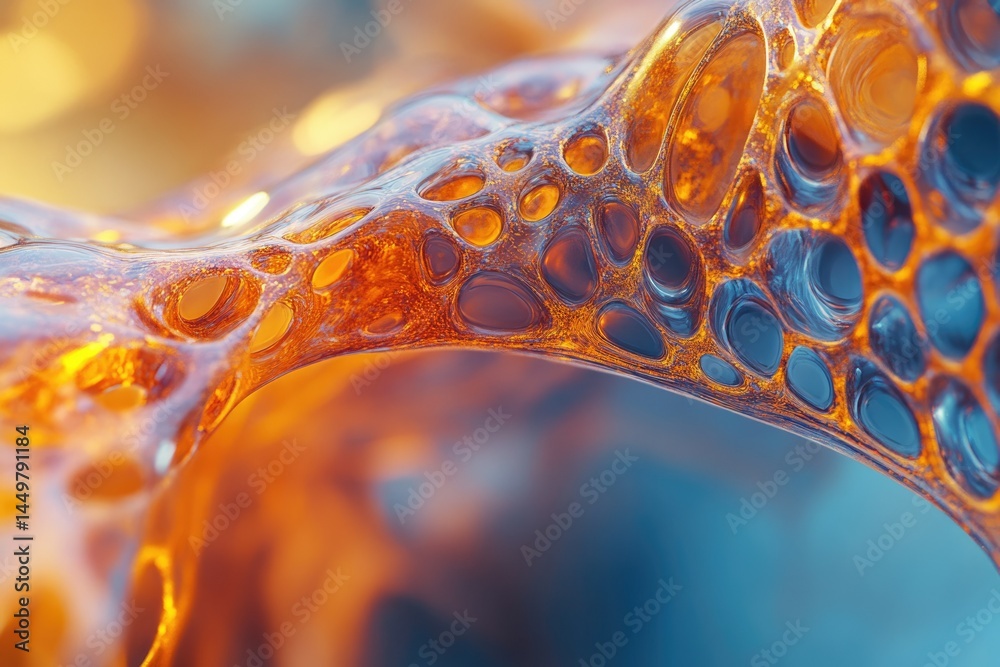 Poster abstract close-up of a vibrant orange, porous, organic-like structure, resembling a network of inter
