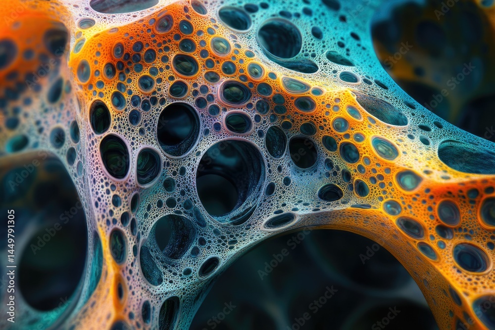 Poster abstract fractal art showcasing a mesmerizing interconnected network of vibrant orange and teal bubb
