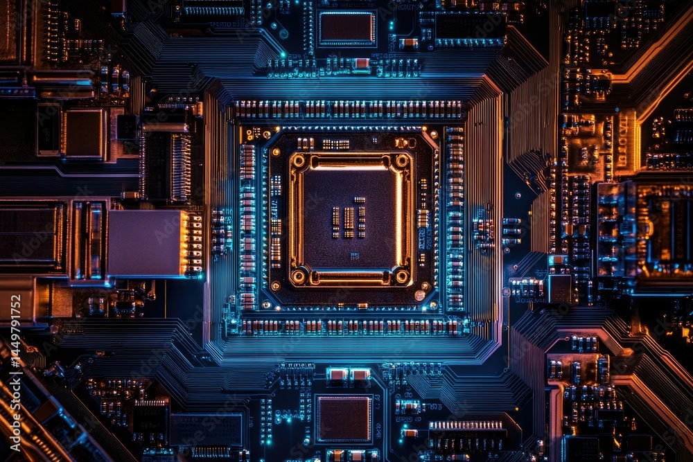 Poster Close-up of a complex computer motherboard, showcasing intricate circuitry and components.