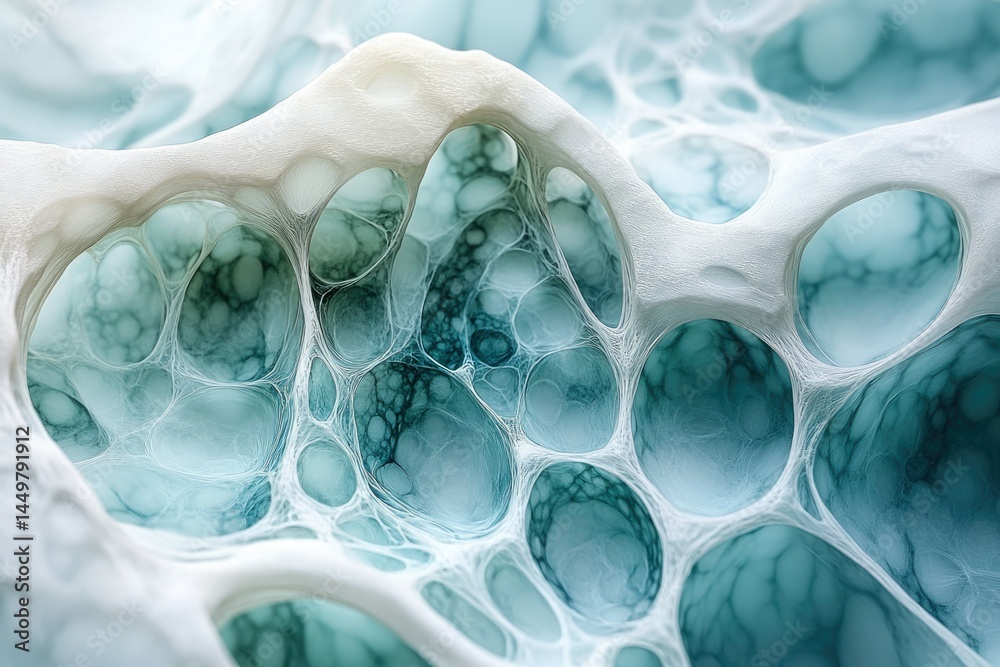 Aufkleber Abstract image depicting a complex network of interconnected, bubble-like structures in teal and white.