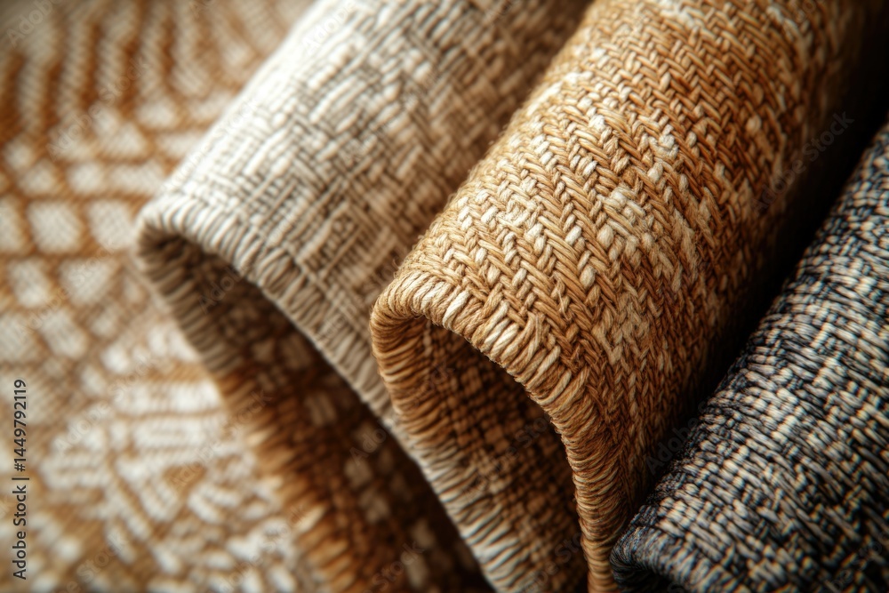 Poster close-up of rolled-up rugs showcasing various neutral textures and patterns.
