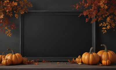 Elegant black chalkboard frame with perfectly arranged pumpkins, fall foliage accents subtly placed ,  thanksgiving,  design
