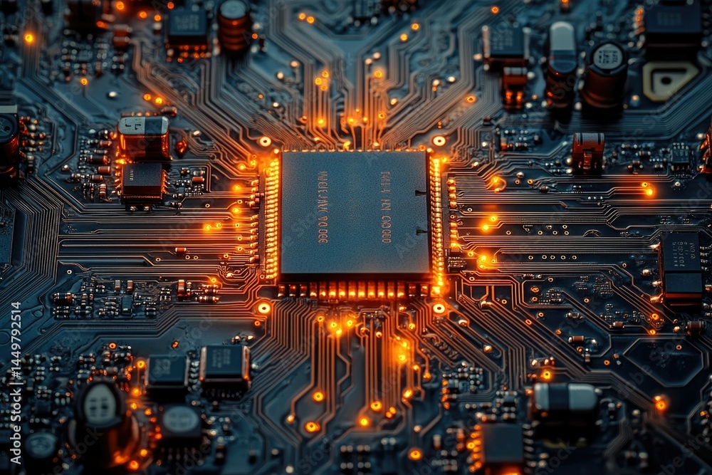 Poster Close-up of a circuit board showcasing a central processor with illuminated connections, representing advanced technology.