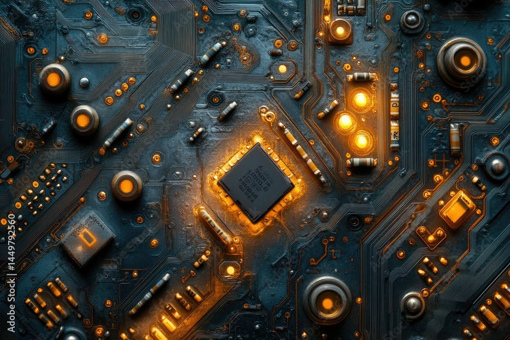 Poster Close-up of a futuristic circuit board with glowing components, showcasing intricate technological design.