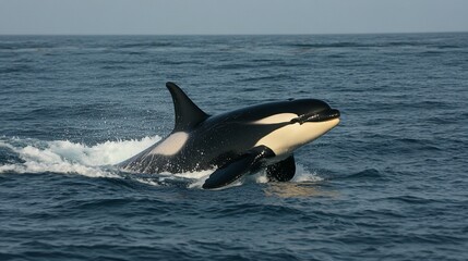 Fototapeta premium Orca leaping in ocean waves. Powerful marine predator in its element