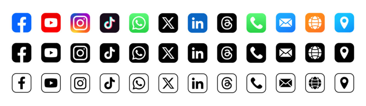 New 2025 updated social media logo icon vector set. Facebook, YouTube, Instagram, TikTok, WhatsApp,  X, LinkedIn, Treads, Phone, Email, Web, Location pin