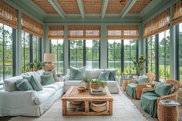 Fototapeta premium Sunroom with large windows, pastel green and purple accents, lake view, white sofa set, wooden coffee table, bamboo shades, and comfortable seating arrangement.