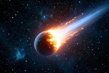 Obraz premium Comet with fiery and blue electric tail in starry space.