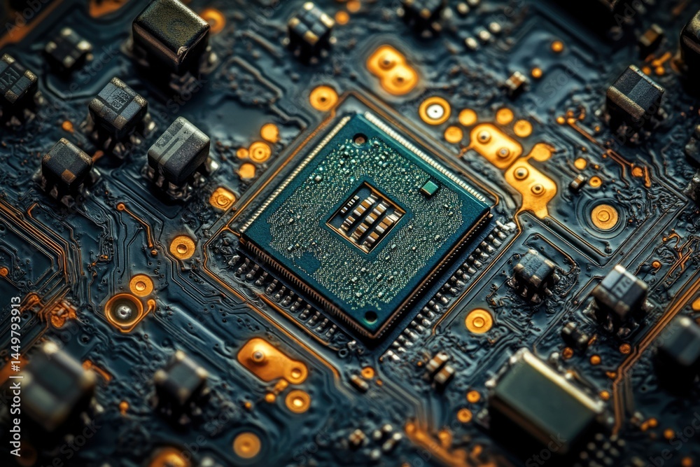 Poster Close-up of a circuit board featuring a central processor unit, showcasing intricate circuitry and components.