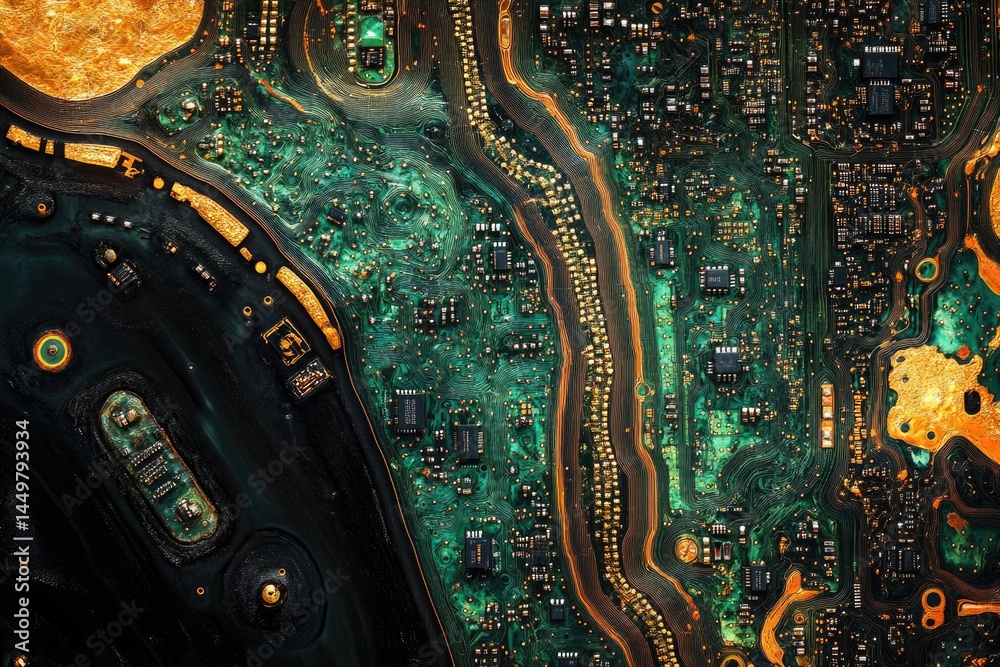 Poster Close-up view of a circuit board's intricate design, showcasing its complex electronic components and pathways.