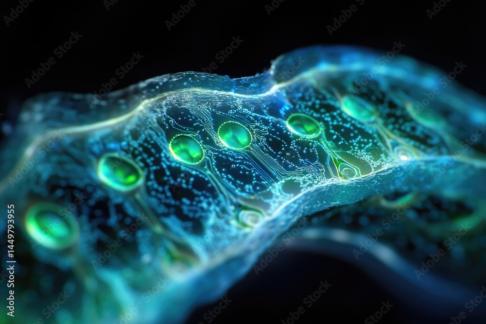 Poster Abstract microscopic image showing interconnected cells with glowing nuclei, suggesting cellular network or bioluminescence.