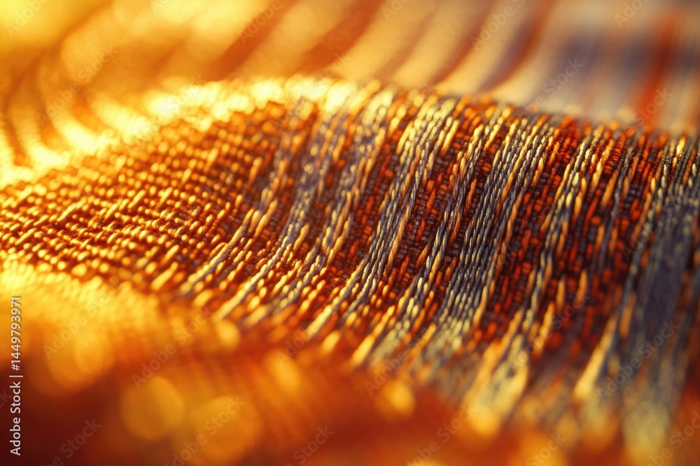 Poster close-up of textured fabric illuminated by warm, golden sunlight, showcasing intricate weave pattern