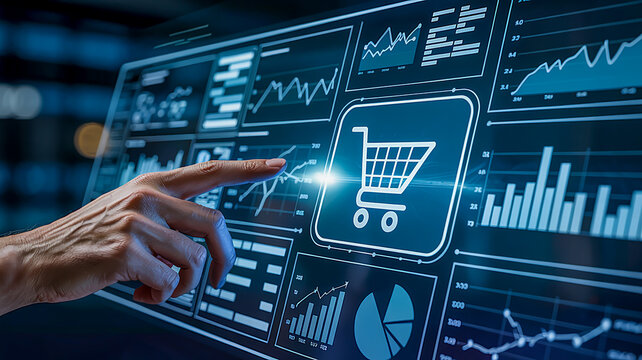 Modern Digital Marketing Interface Stylized White Shopping Cart Icon on Blue Button with Analytics Charts and Data Visualizations - Powered by Adobe