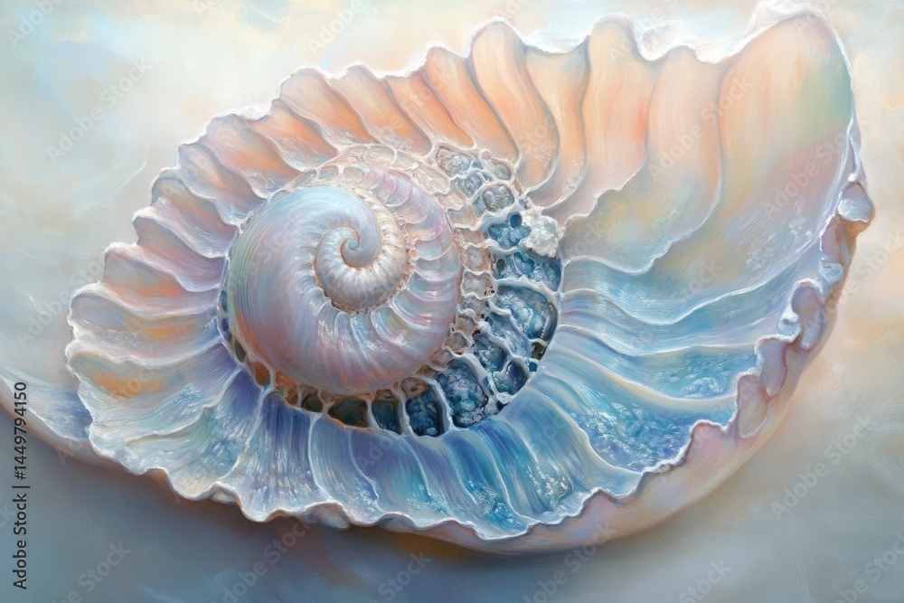 Poster a mesmerizing iridescent seashell, its intricate spiral and delicate layers showcasing nature's arti