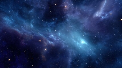 Fototapeta premium Deep space nebula in shades of blue and purple. Cosmic clouds and stars fill the frame.