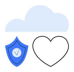 Cloud, shield with checkmark, and heart symbolizing safety, data storage, protection, and care. Ideal for security, healthcare, data management technology backups trust simple landing page