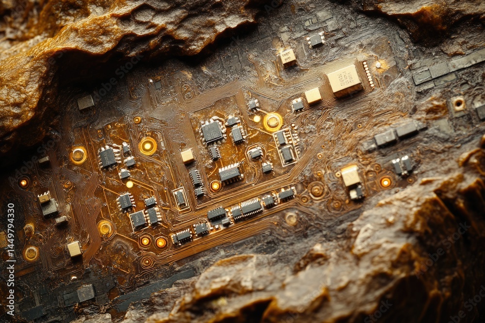 Poster a damaged circuit board, embedded in a rough, textured stone-like material, possibly signifying tech