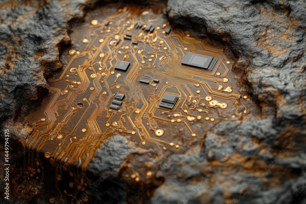 Poster A circuit board, embedded in rock, symbolizes the resource extraction required for technological advancement.
