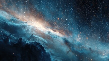 Fototapeta premium A breathtaking view of a nebula, swirling clouds of gas and dust illuminated by distant stars. Shades of teal and gold create a celestial masterpiece.