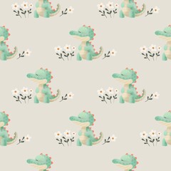 Seamless crocodile pattern with flowers on muted gray background