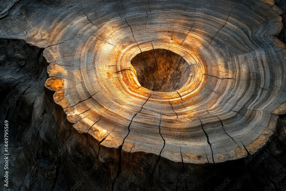 Poster a mesmerizing close-up of a tree stump, showcasing its intricate rings and textured surface, illumin