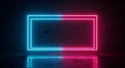 Vibrant Neon Rectangle Abstract Glowing Frame in Dark Space, Cyberpunk Style Digital Art