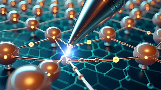 Close-up of laser pointer activating a molecule within a network of atoms and interconnected bonds, showcasing nanotechnology in a scientific setting

