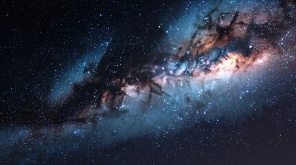 A breathtaking view of the Milky Way galaxy, showcasing swirling clouds of gas and dust illuminated by countless stars.  A cosmic masterpiece of blues, purples, and oranges.