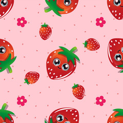Pattern featuring cartoon strawberries with large, expressive eyes and smiling faces
