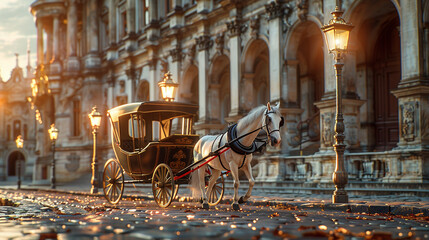 Timeless Elegance: Horse-Drawn Carriage Amidst Cobblestone Charm
