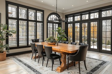 Elegant Montreal dining room with classic wooden blinds, white horizontal slats, black frames, and natural light highlighting timeless design and energy efficiency.