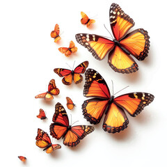 Colorful flying butterflies isolated on white background. Beautiful monarch butterflies. Butterflies print art.	