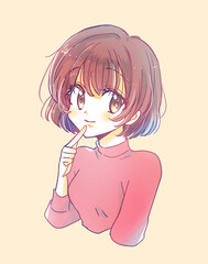 ボブカットの女性　笑顔　口元に指