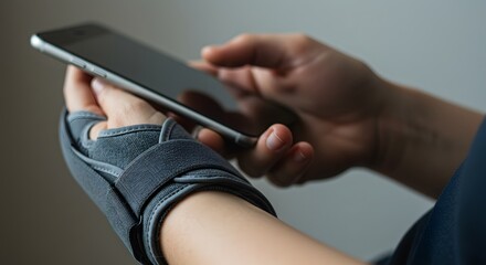 Using mobile phone with hand brace for carpal tunnel syndrome wrist support and pain relief therapy