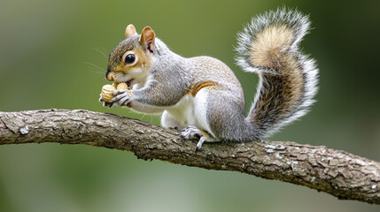 cute squirrel sitting on branch, eating nut, showcasing its fluffy tail and detailed fur. background is softly blurred, enhancing natural moment