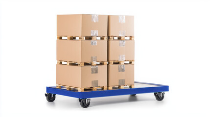 Stacked cardboard boxes on blue pallet cart, showcasing organized storage and transportation solutions in warehouse setting