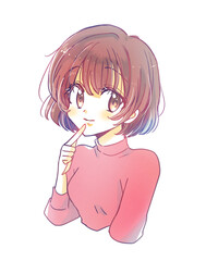 ボブカットの女性　笑顔　口元に指