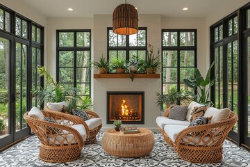  Modern farmhouse sunroom with black and white patterned tile floor, large windows, rattan chairs, potted ferns, hanging plants, and modern fireplace.