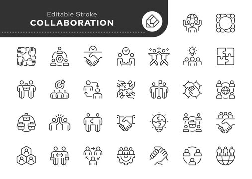 Collaboration line icon set. Partnership, partners, handshake, teamwork, team, . Outline icon in linear style. Vector collection.	