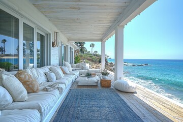 Fototapeta premium Mid-century modern sun porch with white outdoor furniture, blue and grey rug, large windows overlooking Malibu ocean, natural light and blue sky.