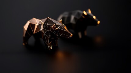 Low-poly Bear and Bull Market Figures in Dark Setting