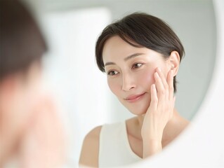 A Japanese woman in her late thirties, touching her face with a light skin tone and short hair,