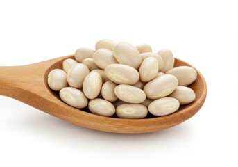 Wooden spoon filled with a pile of white beans on a white background in a close-up shot