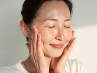 A Japanese woman in her late thirties, touching her face with both hands, eyes closed and with a