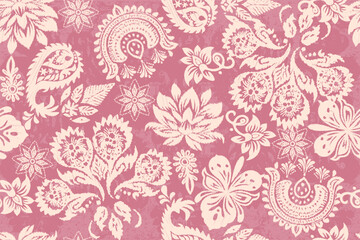 Damask seamless pattern, Ikat floral seamless pattern background, vector illustration, Ikat ethnic oriental embroidery, Aztec style, baroque. Design for texture, fabric, clothing, decoration, fashion