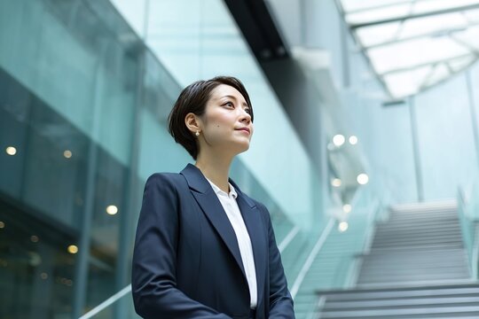 A Japanese woman in her late thirties, wearing business attire, is standing on the second floor of