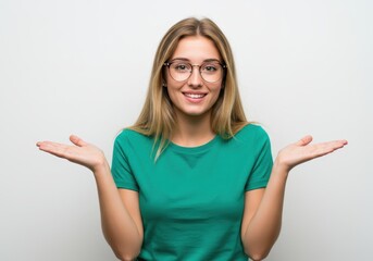 Fototapeta premium Smiling woman with glasses presents with open palms against a white background in a studio shot